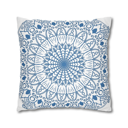 Spun Polyester Square Pillowcase Mandala Art - Original Fine Art - Hand - drawn - Steel Blue on White - Blululi