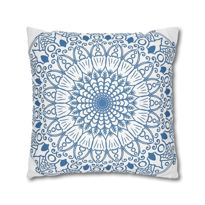 Spun Polyester Square Pillowcase Mandala Art - Original Fine Art - Hand - drawn - Steel Blue on White - Blululi