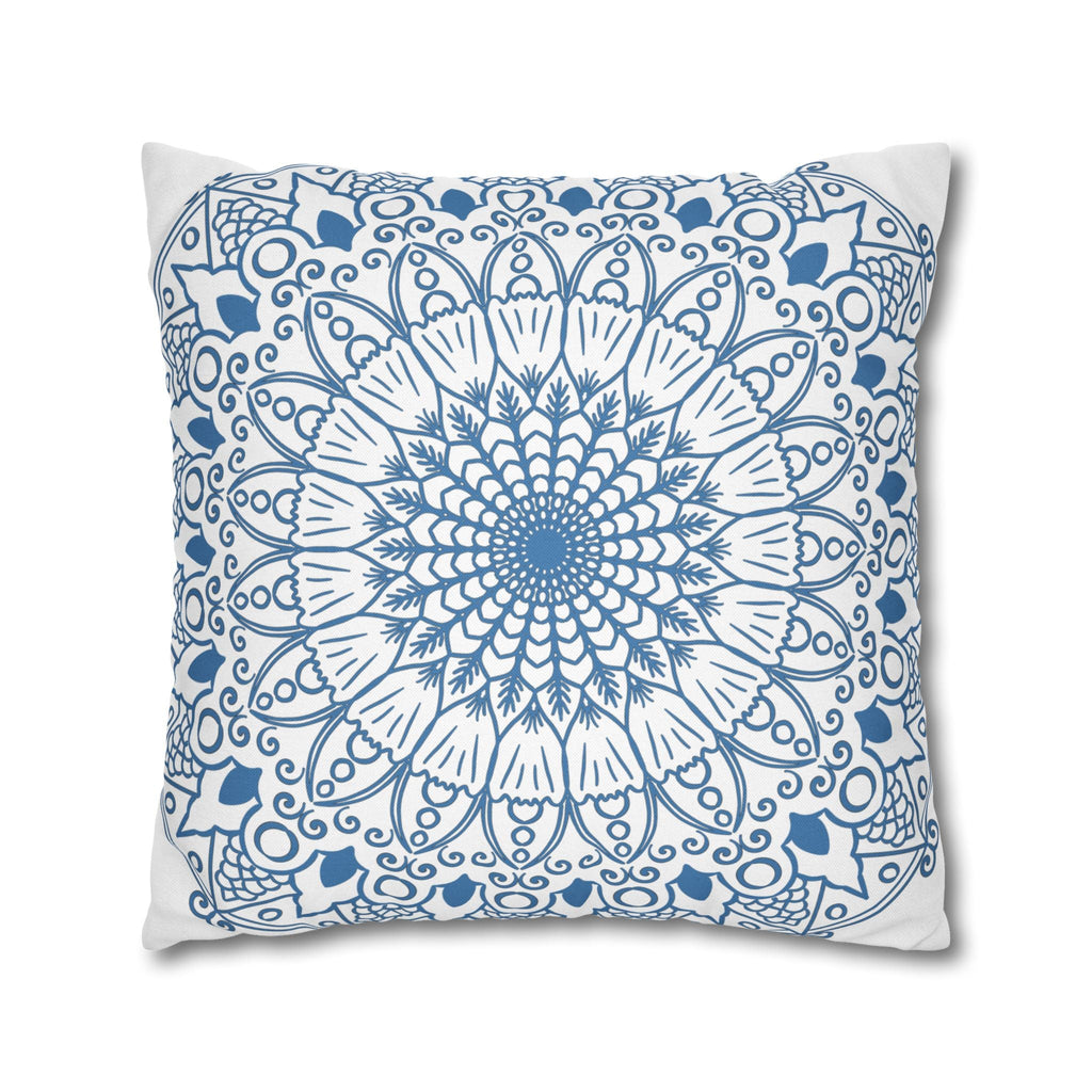 Spun Polyester Square Pillowcase Mandala Art - Original Fine Art - Hand - drawn - Steel Blue on White - Blululi