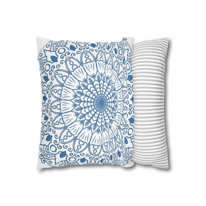 Spun Polyester Square Pillowcase Mandala Art - Original Fine Art - Hand - drawn - Steel Blue on White - Blululi