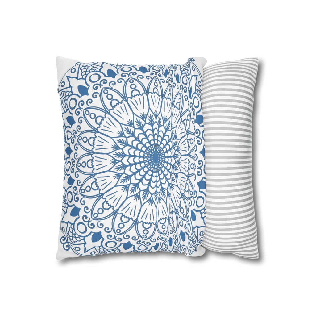 Spun Polyester Square Pillowcase Mandala Art - Original Fine Art - Hand - drawn - Steel Blue on White - Blululi