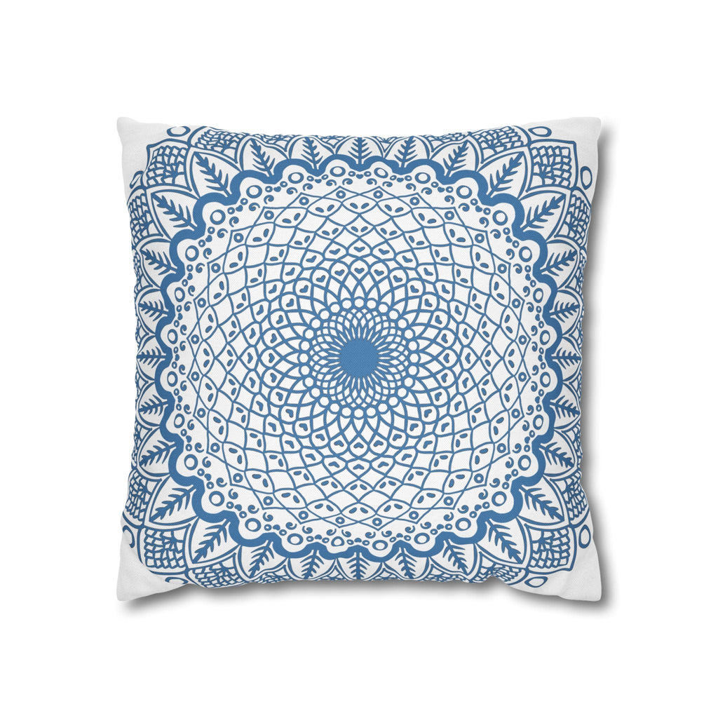 Spun Polyester Square Pillowcase Mandala Art - Original Fine Art - Hand - drawn - Steel Blue on White - Blululi