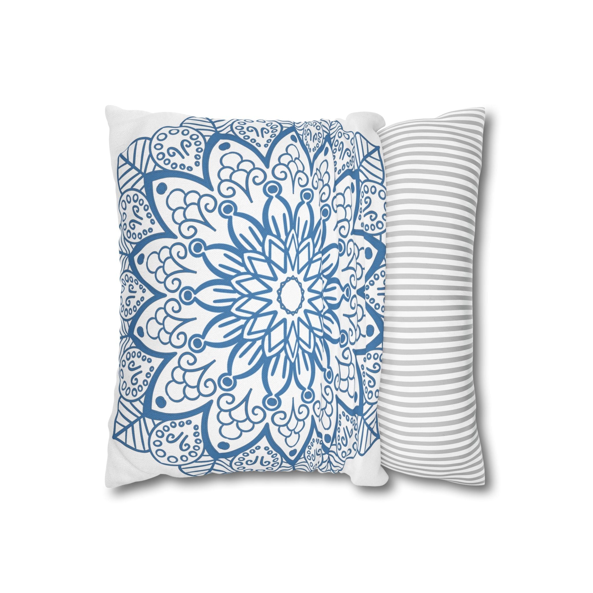 Spun Polyester Square Pillowcase Mandala Art - Original Fine Art - Hand - drawn - Steel Blue on White - Blululi