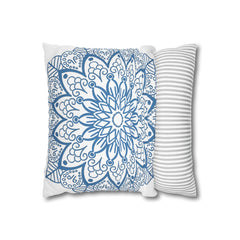 Spun Polyester Square Pillowcase Mandala Art - Original Fine Art - Hand - drawn - Steel Blue on White - Blululi