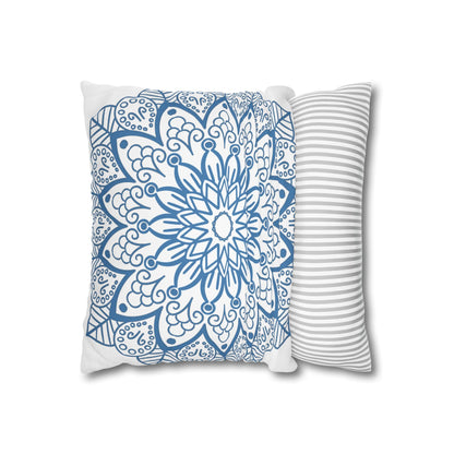 Spun Polyester Square Pillowcase Mandala Art - Original Fine Art - Hand - drawn - Steel Blue on White - Blululi