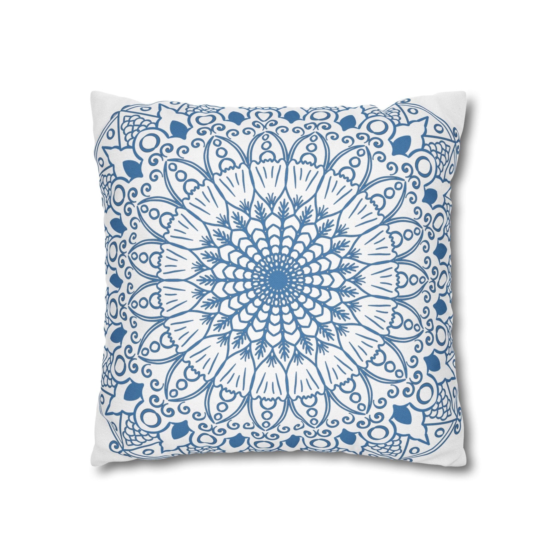 Spun Polyester Square Pillowcase Mandala Art - Original Fine Art - Hand - drawn - Steel Blue on White - Blululi