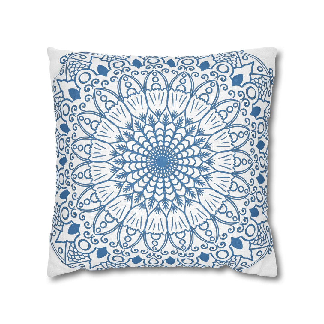 Spun Polyester Square Pillowcase Mandala Art - Original Fine Art - Hand - drawn - Steel Blue on White - Blululi