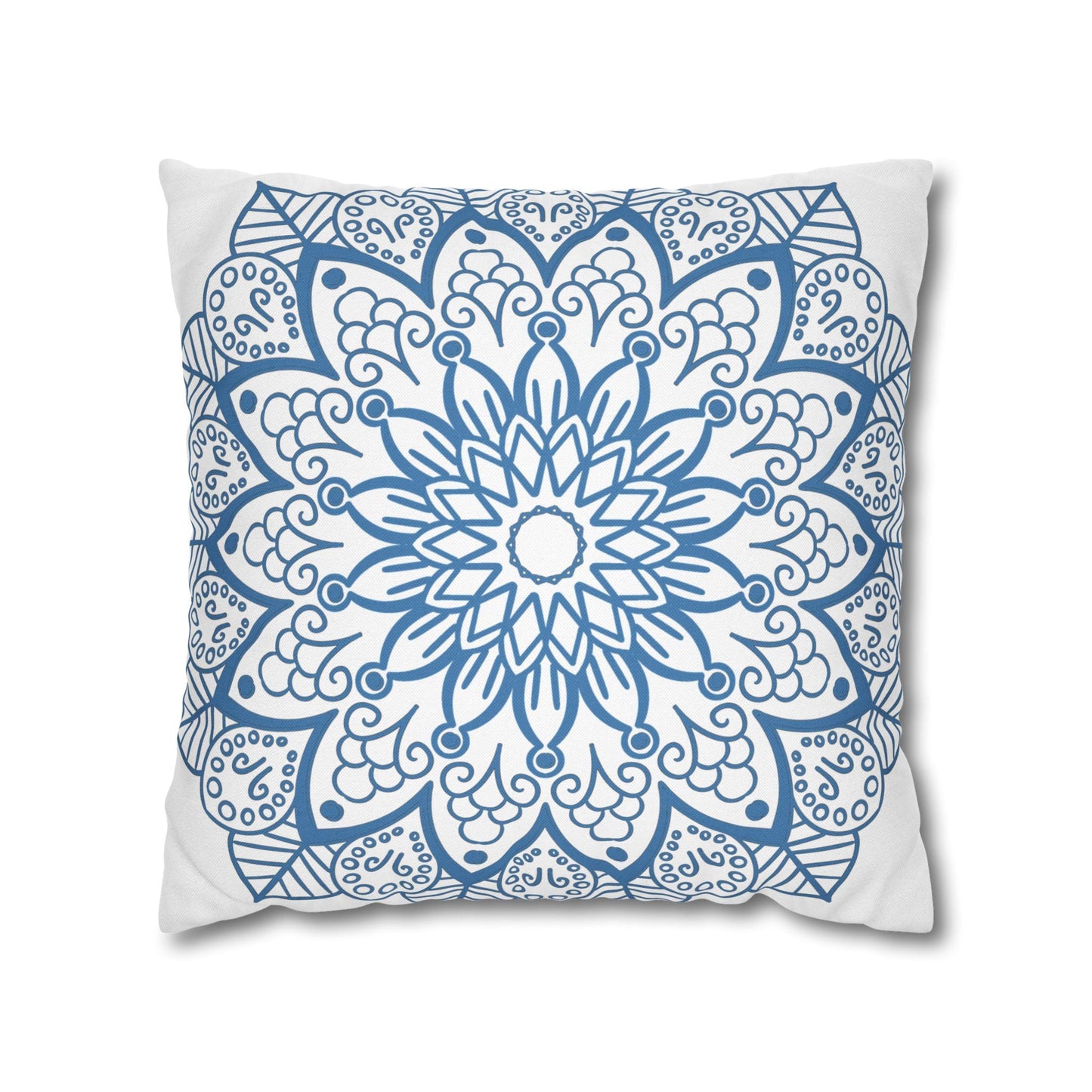 Spun Polyester Square Pillowcase Mandala Art - Original Fine Art - Hand - drawn - Steel Blue on White - Blululi