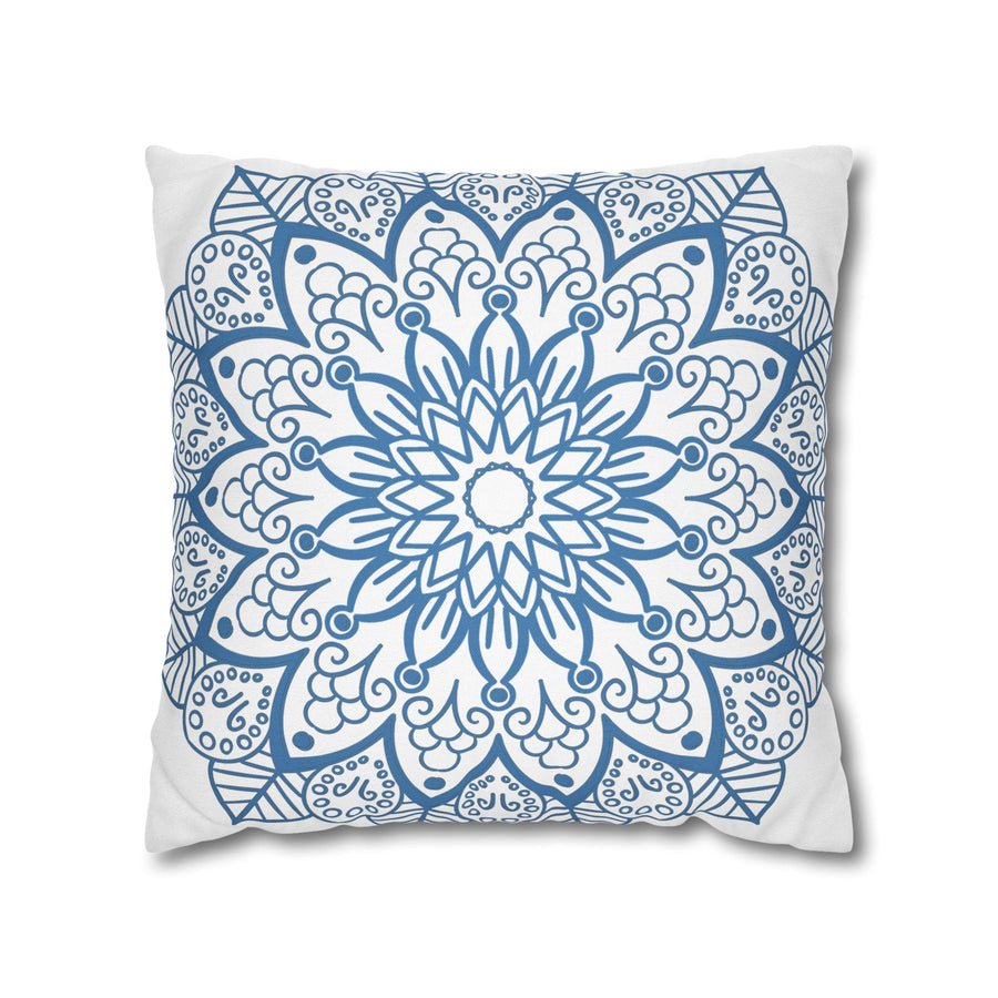 Spun Polyester Square Pillowcase Mandala Art - Original Fine Art - Hand - drawn - Steel Blue on White - Blululi