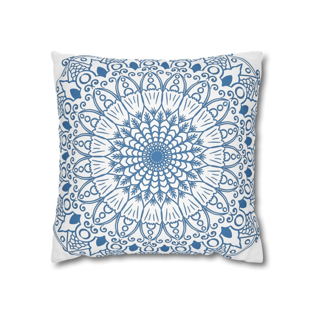 Spun Polyester Square Pillowcase Mandala Art - Original Fine Art - Hand - drawn - Steel Blue on White - Blululi