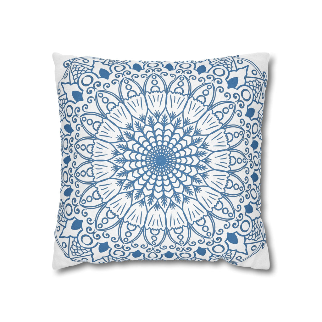 Spun Polyester Square Pillowcase Mandala Art - Original Fine Art - Hand - drawn - Steel Blue on White - Blululi