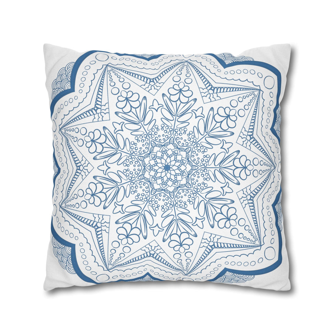 Spun Polyester Square Pillowcase Mandala Art - Original Fine Art - Hand - drawn - Steel Blue on White - Blululi