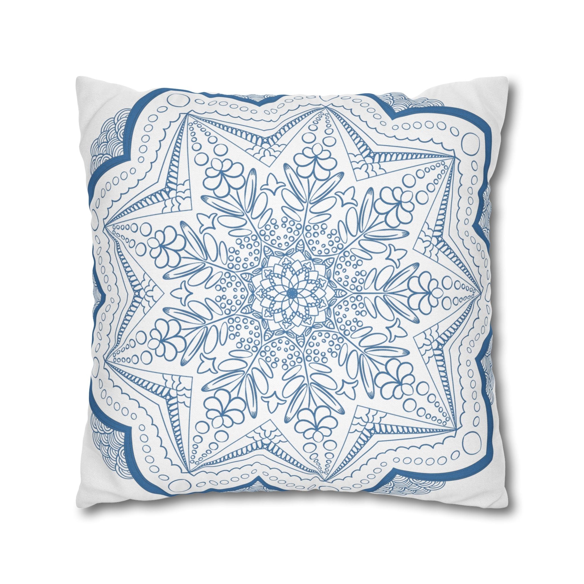 Spun Polyester Square Pillowcase Mandala Art - Original Fine Art - Hand - drawn - Steel Blue on White - Blululi