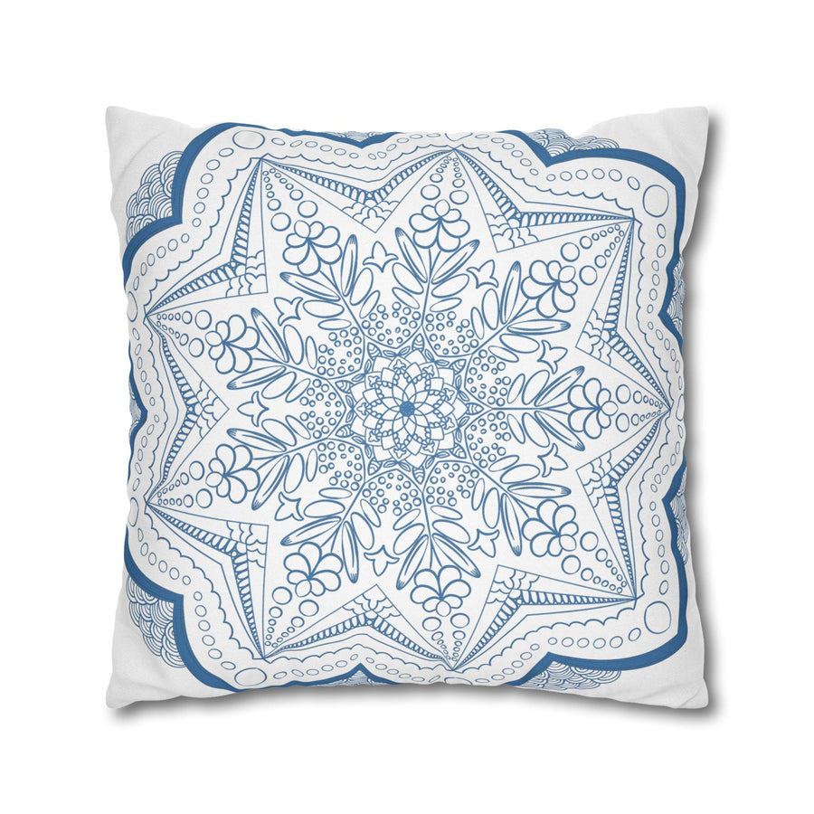 Spun Polyester Square Pillowcase Mandala Art - Original Fine Art - Hand - drawn - Steel Blue on White - Blululi