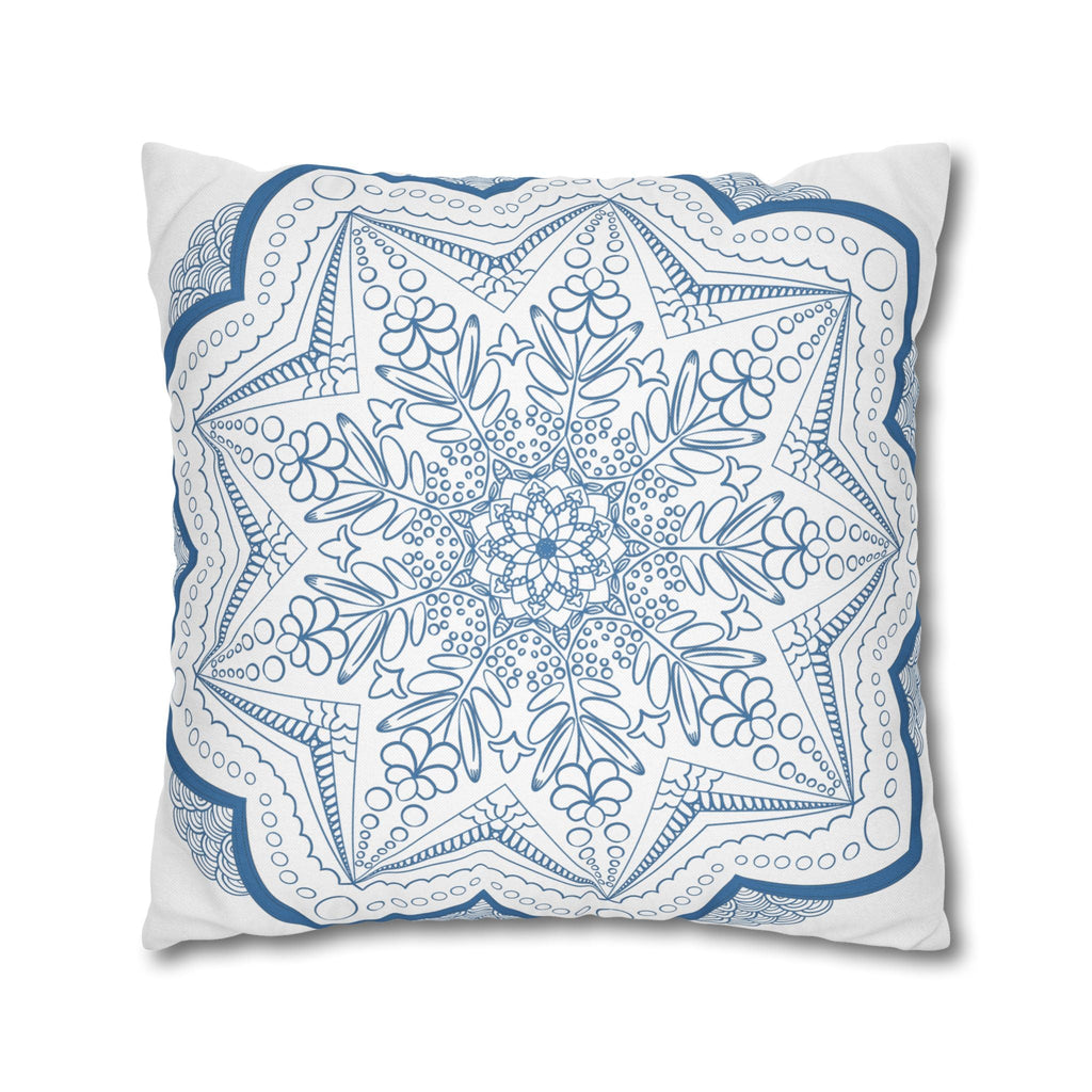 Spun Polyester Square Pillowcase Mandala Art - Original Fine Art - Hand - drawn - Steel Blue on White - Blululi