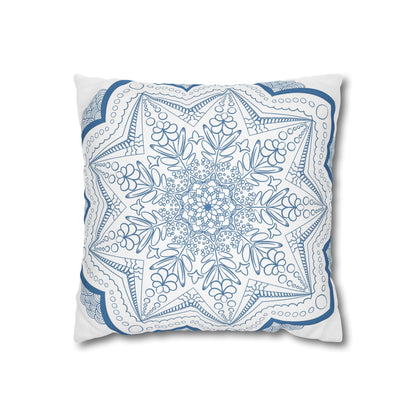 Spun Polyester Square Pillowcase Mandala Art - Original Fine Art - Hand - drawn - Steel Blue on White - Blululi