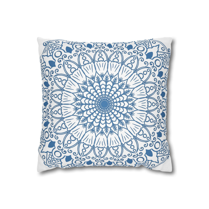 Spun Polyester Square Pillowcase Mandala Art - Original Fine Art - Hand - drawn - Steel Blue on White - Blululi