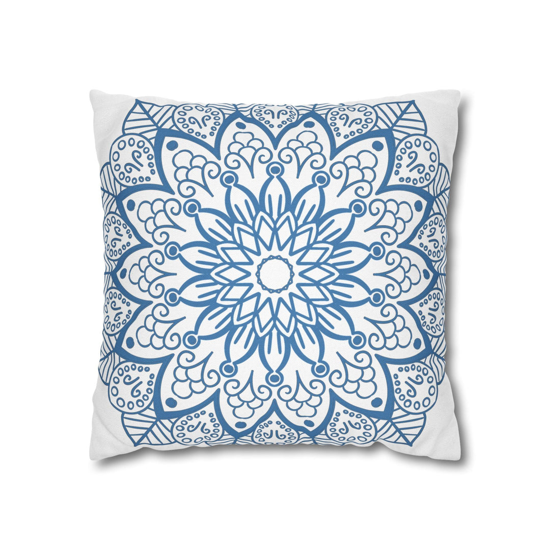 Spun Polyester Square Pillowcase Mandala Art - Original Fine Art - Hand - drawn - Steel Blue on White - Blululi