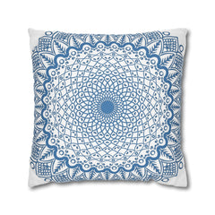 Spun Polyester Square Pillowcase Mandala Art - Original Fine Art - Hand - drawn - Steel Blue on White - Blululi