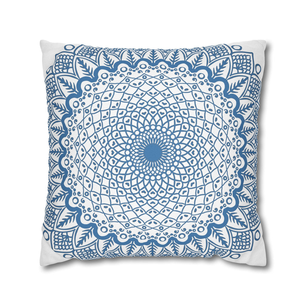 Spun Polyester Square Pillowcase Mandala Art - Original Fine Art - Hand - drawn - Steel Blue on White - Blululi