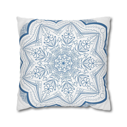 Spun Polyester Square Pillowcase Mandala Art - Original Fine Art - Hand - drawn - Steel Blue on White - Blululi