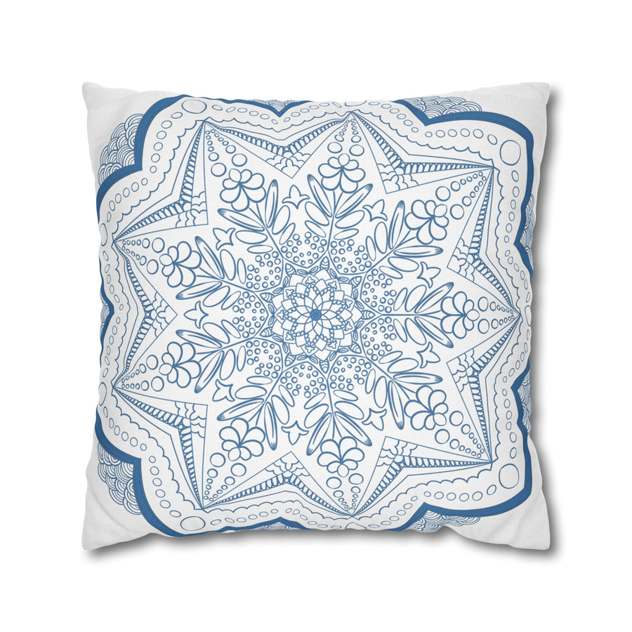 Spun Polyester Square Pillowcase Mandala Art - Original Fine Art - Hand - drawn - Steel Blue on White - Blululi
