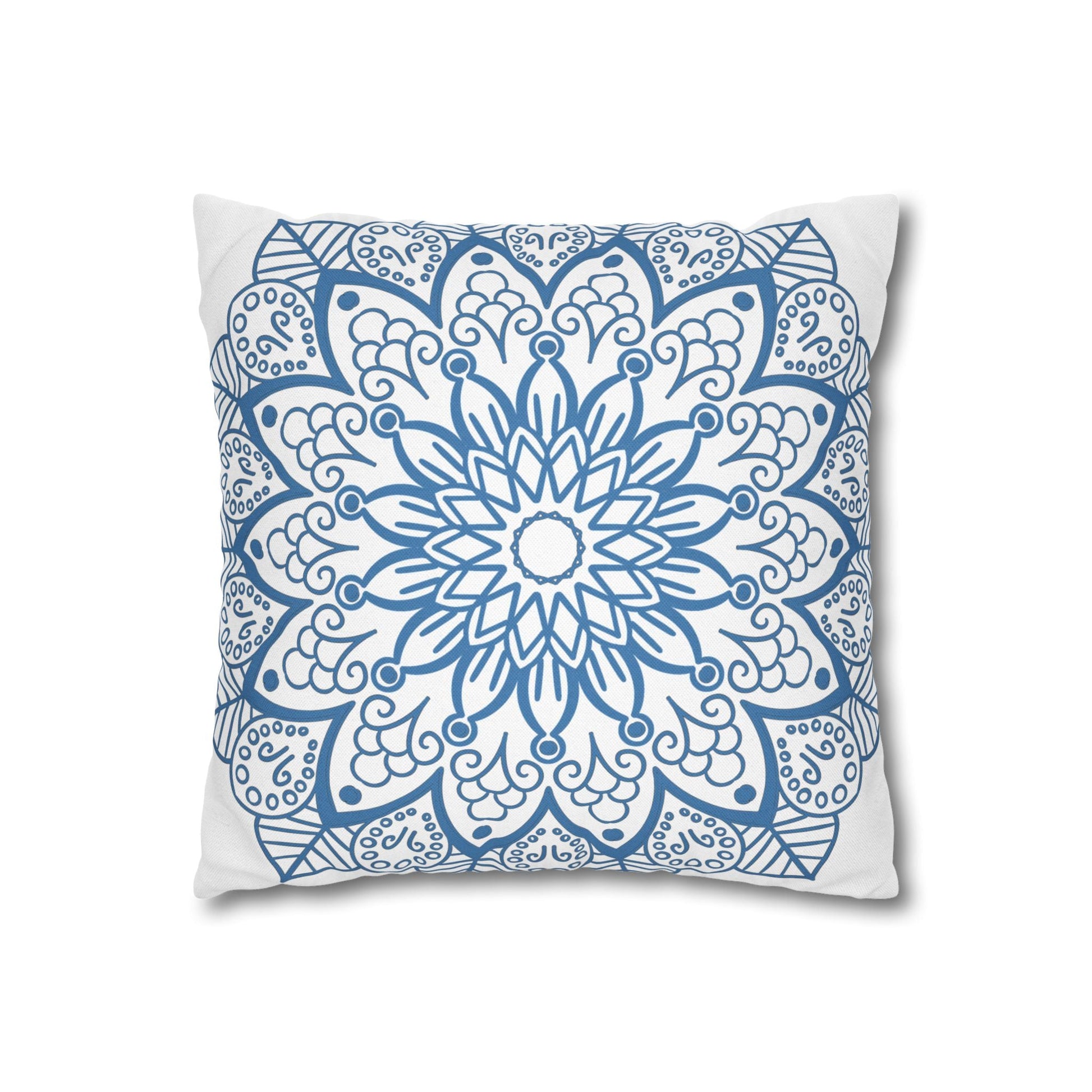 Spun Polyester Square Pillowcase Mandala Art - Original Fine Art - Hand - drawn - Steel Blue on White - Blululi