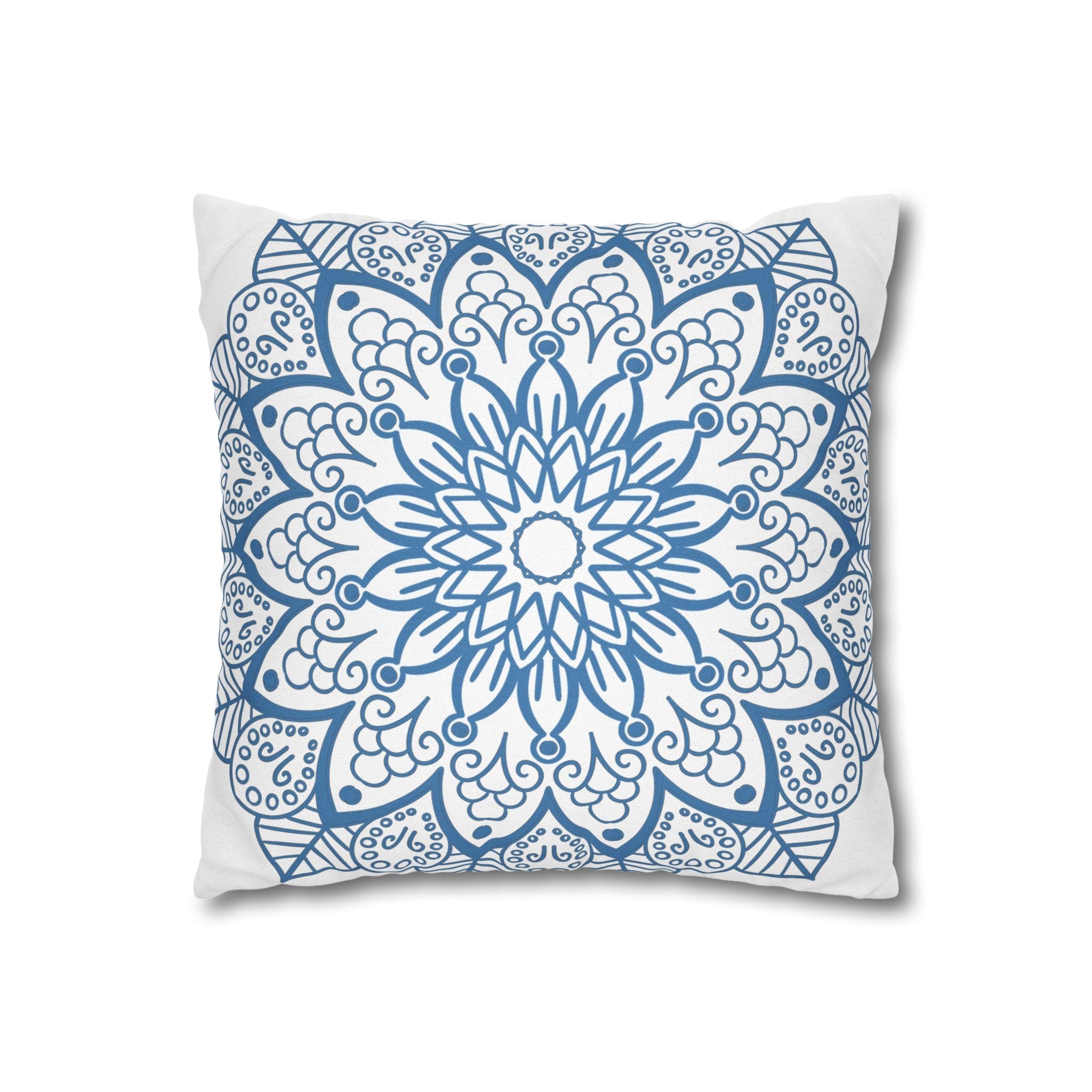 Spun Polyester Square Pillowcase Mandala Art - Original Fine Art - Hand - drawn - Steel Blue on White - Blululi