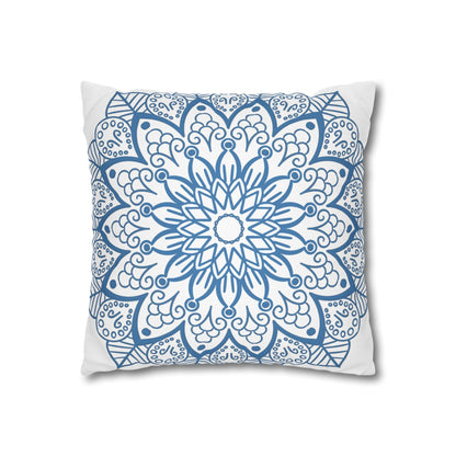 Spun Polyester Square Pillowcase Mandala Art - Original Fine Art - Hand - drawn - Steel Blue on White - Blululi