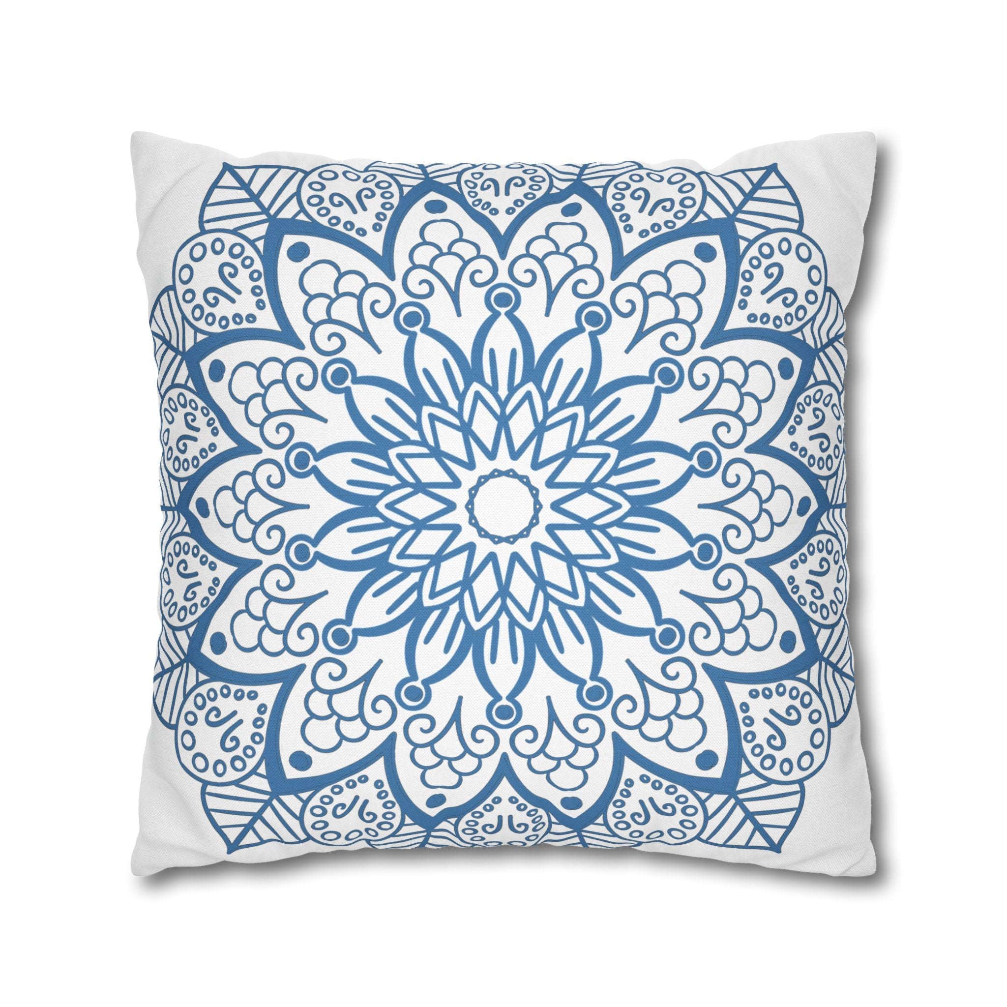 Spun Polyester Square Pillowcase Mandala Art - Original Fine Art - Hand - drawn - Steel Blue on White - Blululi