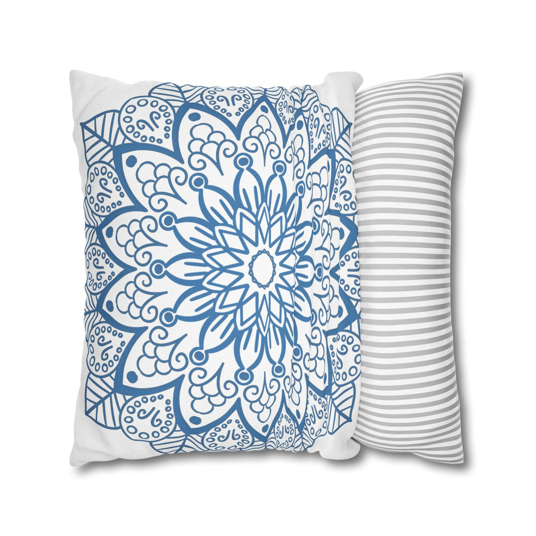 Spun Polyester Square Pillowcase Mandala Art - Original Fine Art - Hand - drawn - Steel Blue on White - Blululi