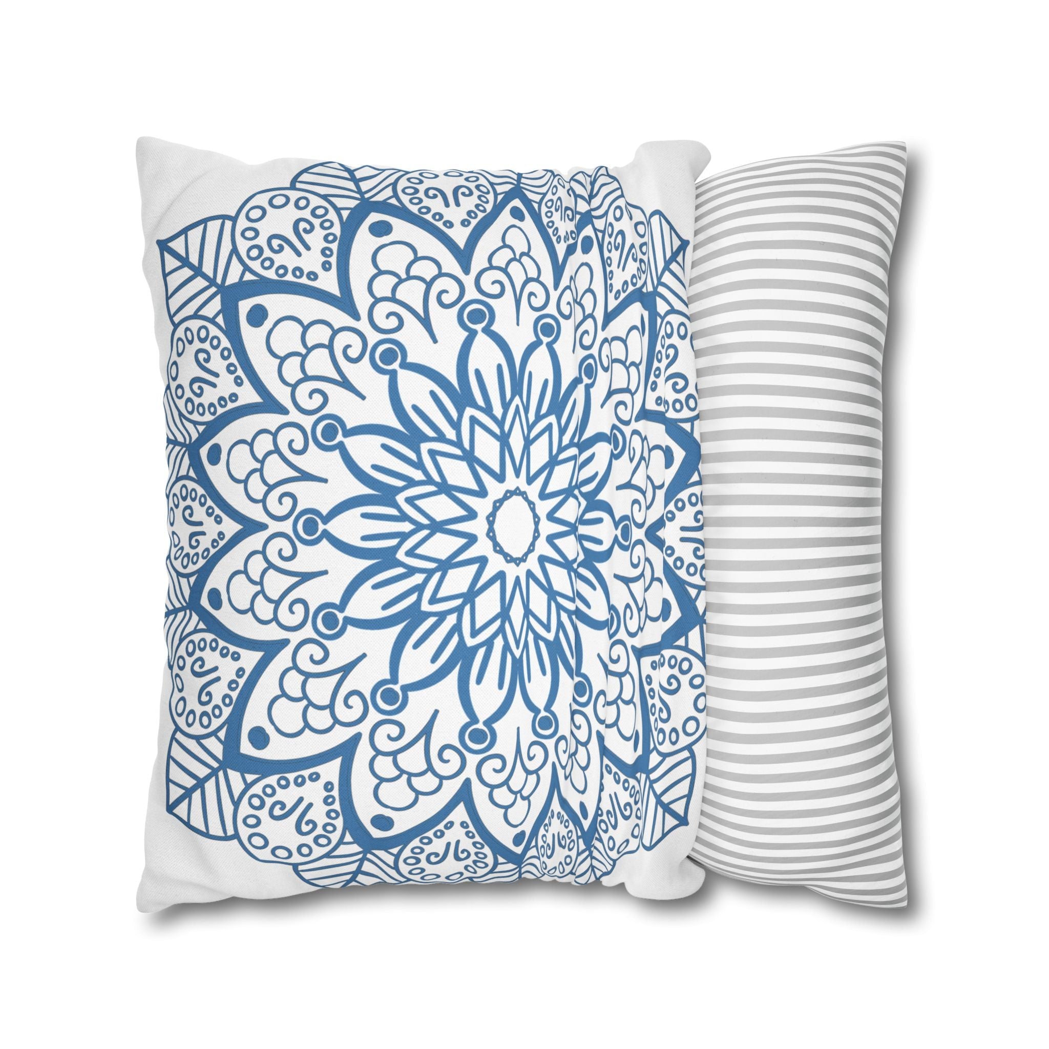 Spun Polyester Square Pillowcase Mandala Art - Original Fine Art - Hand - drawn - Steel Blue on White - Blululi