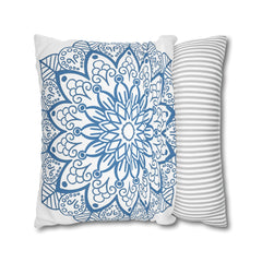 Spun Polyester Square Pillowcase Mandala Art - Original Fine Art - Hand - drawn - Steel Blue on White - Blululi