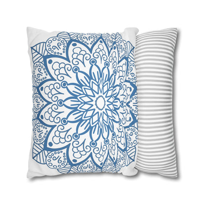 Spun Polyester Square Pillowcase Mandala Art - Original Fine Art - Hand - drawn - Steel Blue on White - Blululi