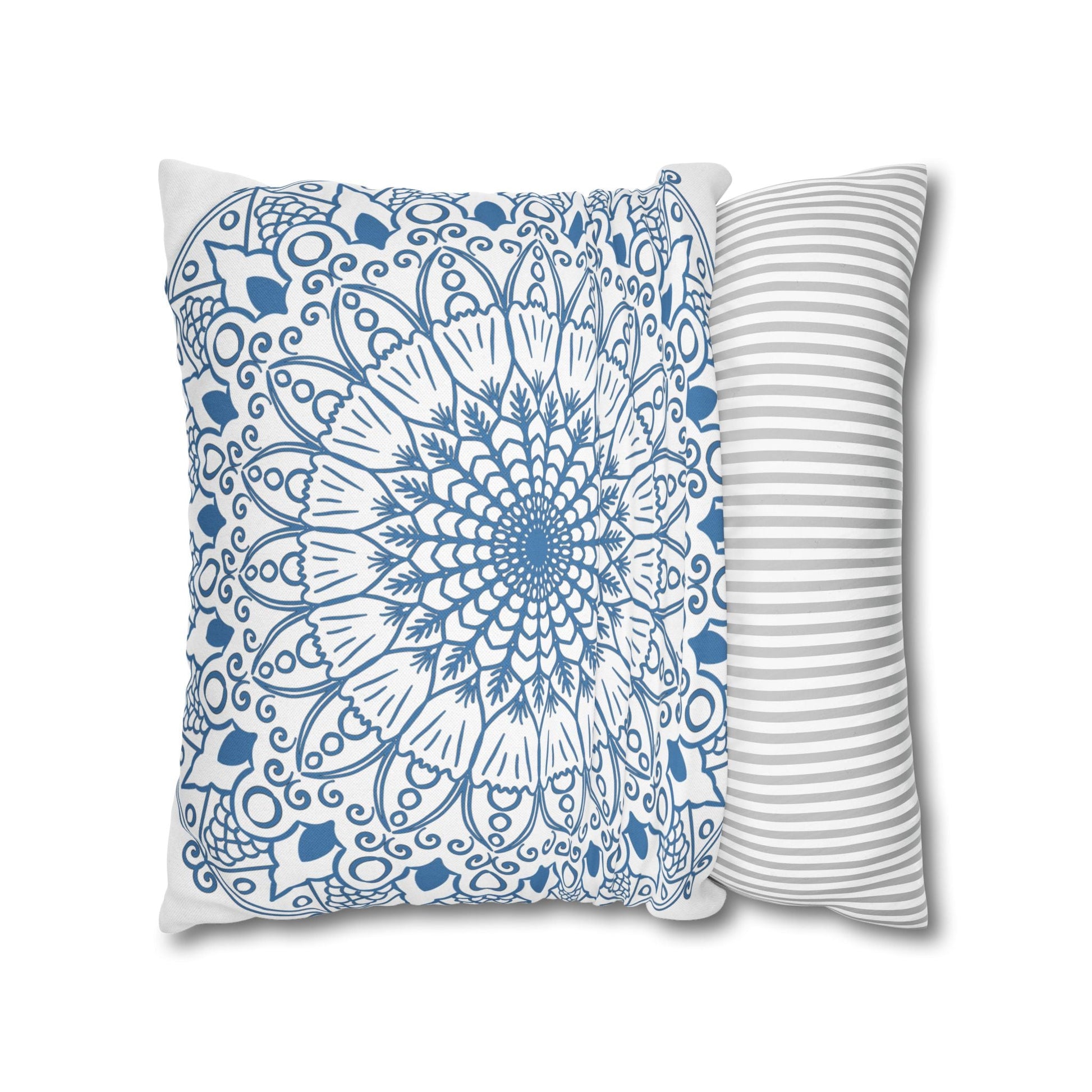 Spun Polyester Square Pillowcase Mandala Art - Original Fine Art - Hand - drawn - Steel Blue on White - Blululi