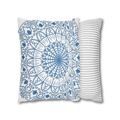 Spun Polyester Square Pillowcase Mandala Art - Original Fine Art - Hand - drawn - Steel Blue on White - Blululi