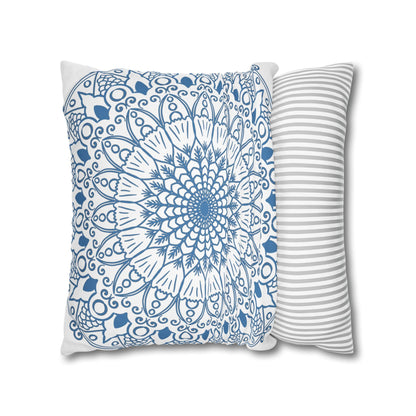 Spun Polyester Square Pillowcase Mandala Art - Original Fine Art - Hand - drawn - Steel Blue on White - Blululi