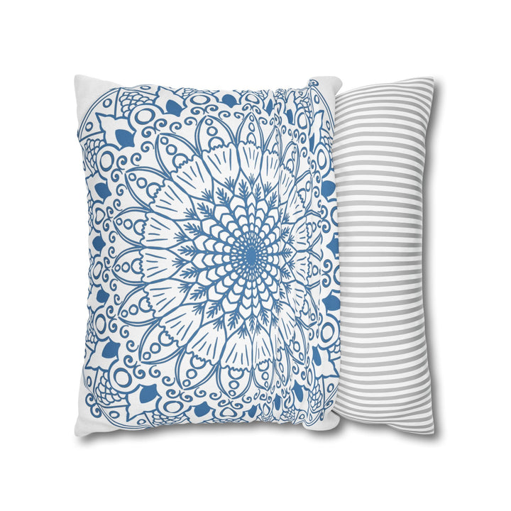 Spun Polyester Square Pillowcase Mandala Art - Original Fine Art - Hand - drawn - Steel Blue on White - Blululi