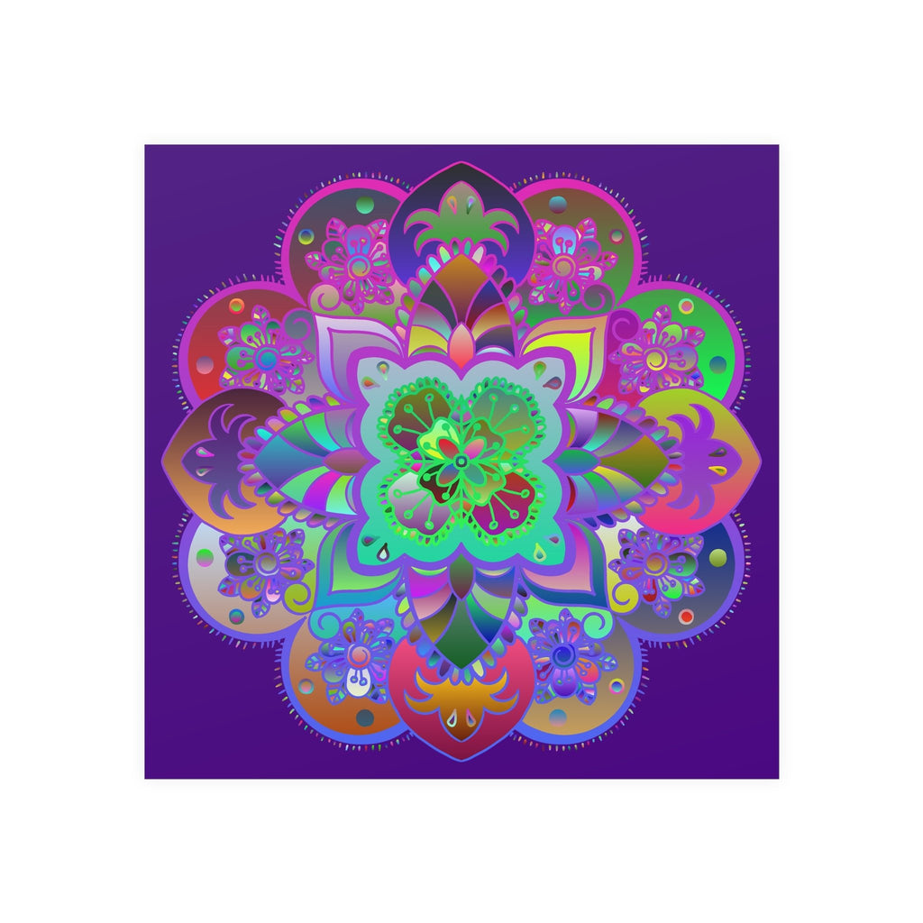 Square Matte Paper Poster Featuring Hand - Drawn Bright Mandala Art - Dark Purple - Blululi