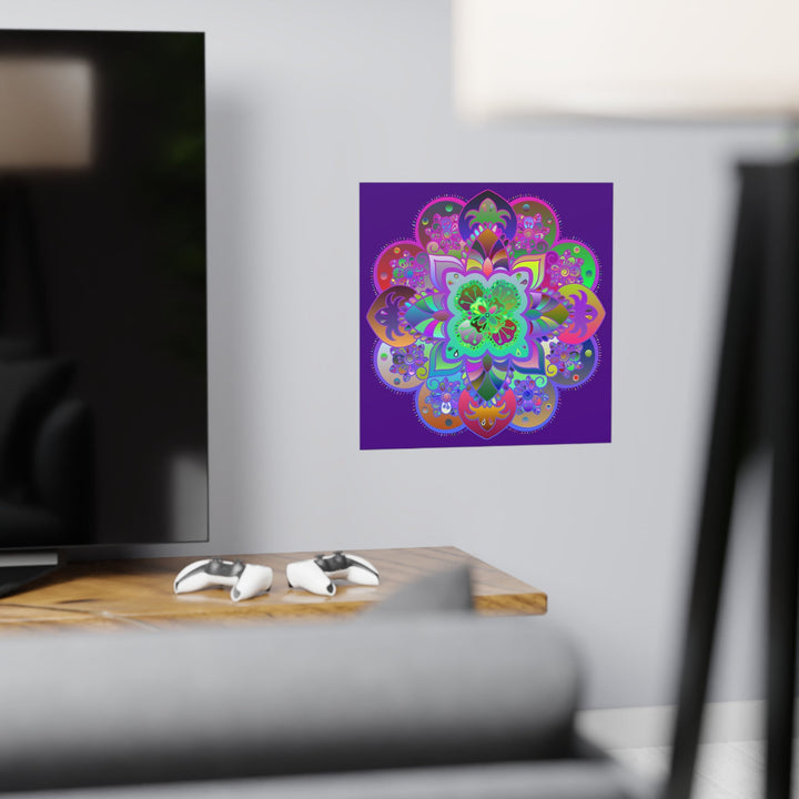 Square Matte Paper Poster Featuring Hand - Drawn Bright Mandala Art - Dark Purple - Blululi