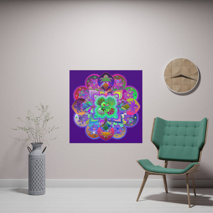 Square Matte Paper Poster Featuring Hand - Drawn Bright Mandala Art - Dark Purple - Blululi