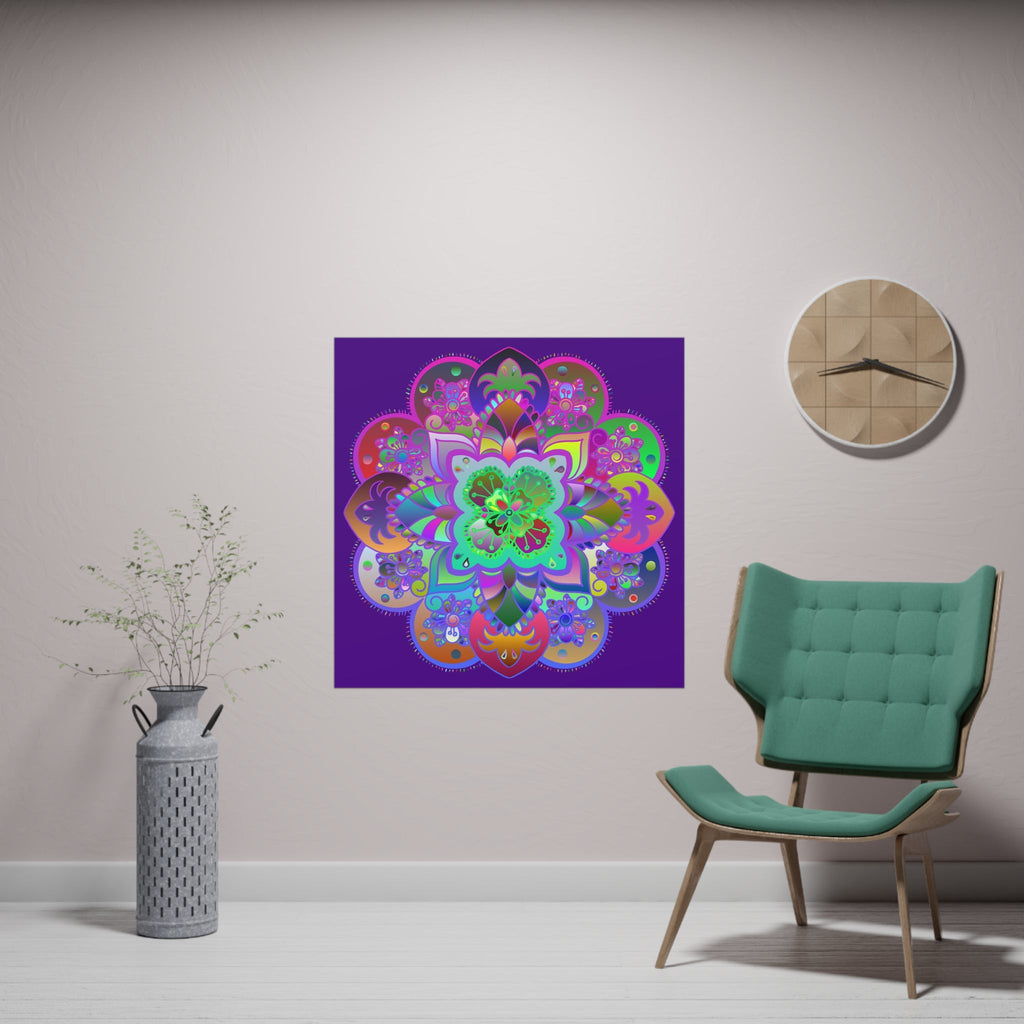 Square Matte Paper Poster Featuring Hand - Drawn Bright Mandala Art - Dark Purple - Blululi