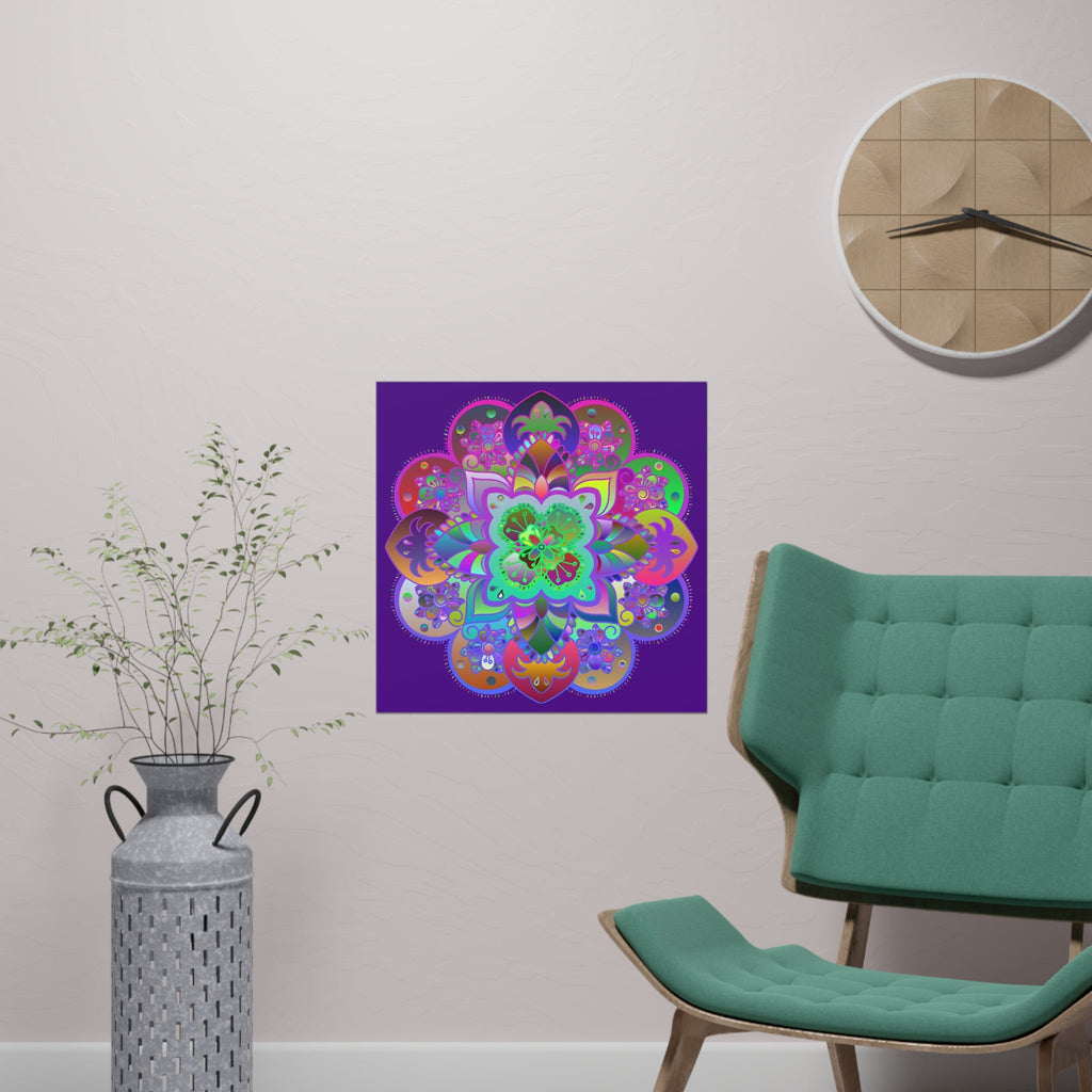 Square Matte Paper Poster Featuring Hand - Drawn Bright Mandala Art - Dark Purple - Blululi