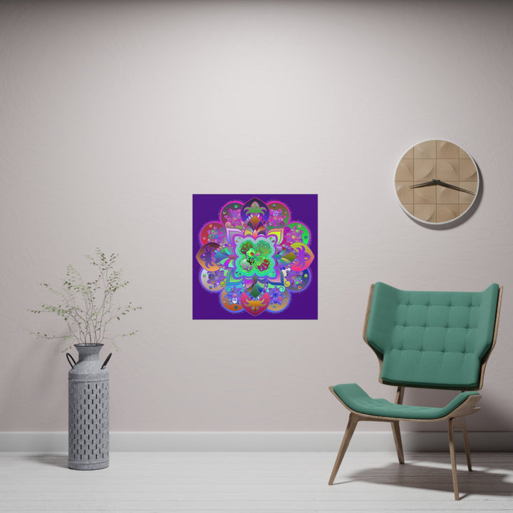 Square Matte Paper Poster Featuring Hand - Drawn Bright Mandala Art - Dark Purple - Blululi