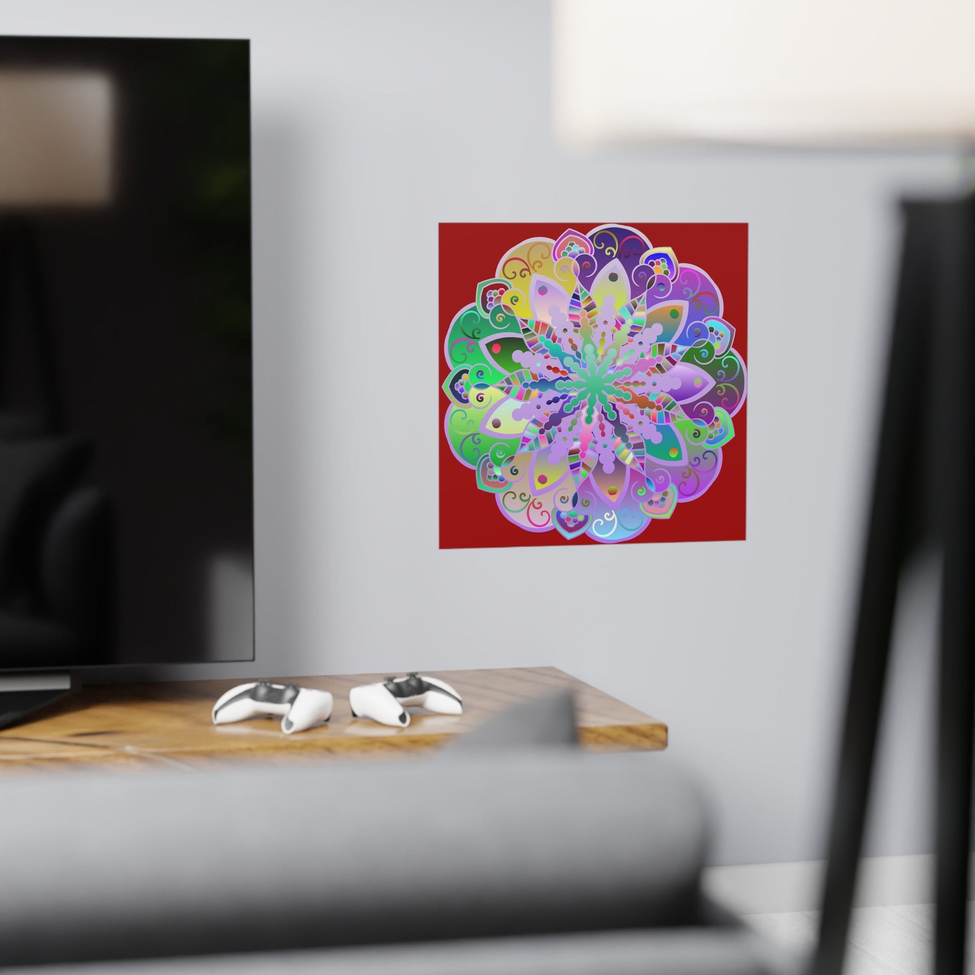 Square Matte Paper Poster Featuring Hand - Drawn Bright Mandala Art - Dark Red - Blululi