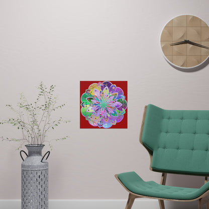 Square Matte Paper Poster Featuring Hand - Drawn Bright Mandala Art - Dark Red - Blululi