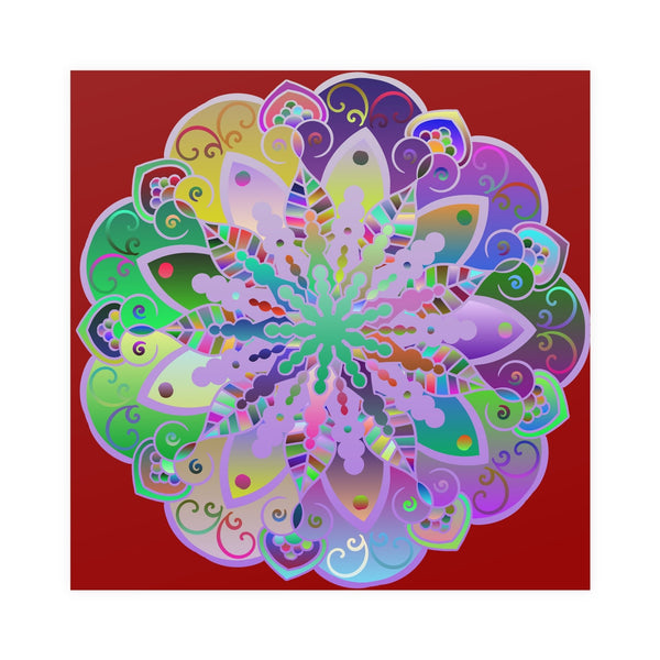 Square Matte Paper Poster Featuring Hand - Drawn Bright Mandala Art - Dark Red - Blululi