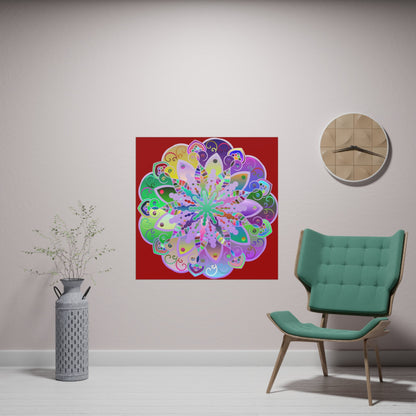 Square Matte Paper Poster Featuring Hand - Drawn Bright Mandala Art - Dark Red - Blululi