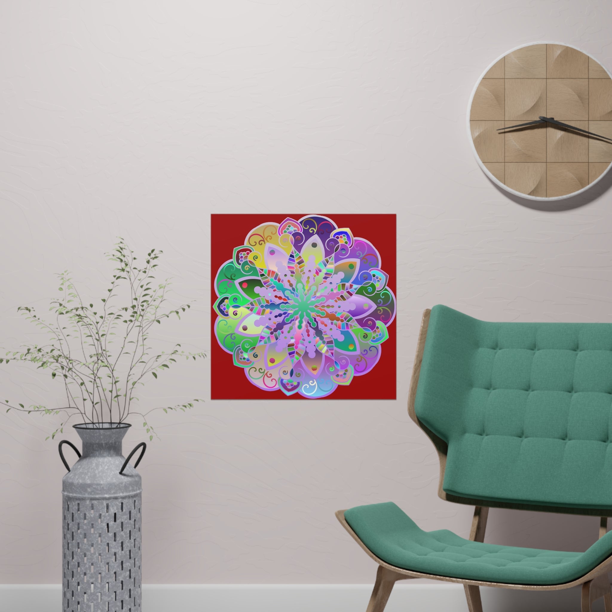 Square Matte Paper Poster Featuring Hand - Drawn Bright Mandala Art - Dark Red - Blululi