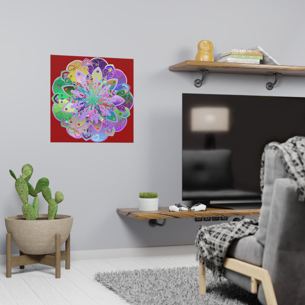 Square Matte Paper Poster Featuring Hand - Drawn Bright Mandala Art - Dark Red - Blululi